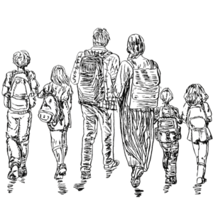 A hand-drawn sketch of a family walking together, symbolizing tradition and structure.