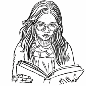 Sketch of a woman reading a book — symbol of self-discovery and personal growth through knowledge.