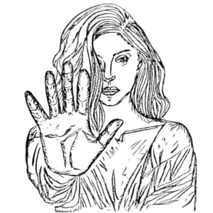 Sketch of a woman raising her hand to say no — symbol of boundary and self-respect.