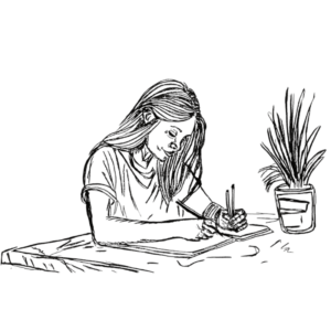 Sketch of a woman journaling at a table, surrounded by plants — a symbol of introspection, self-inquiry, and healing through writing.