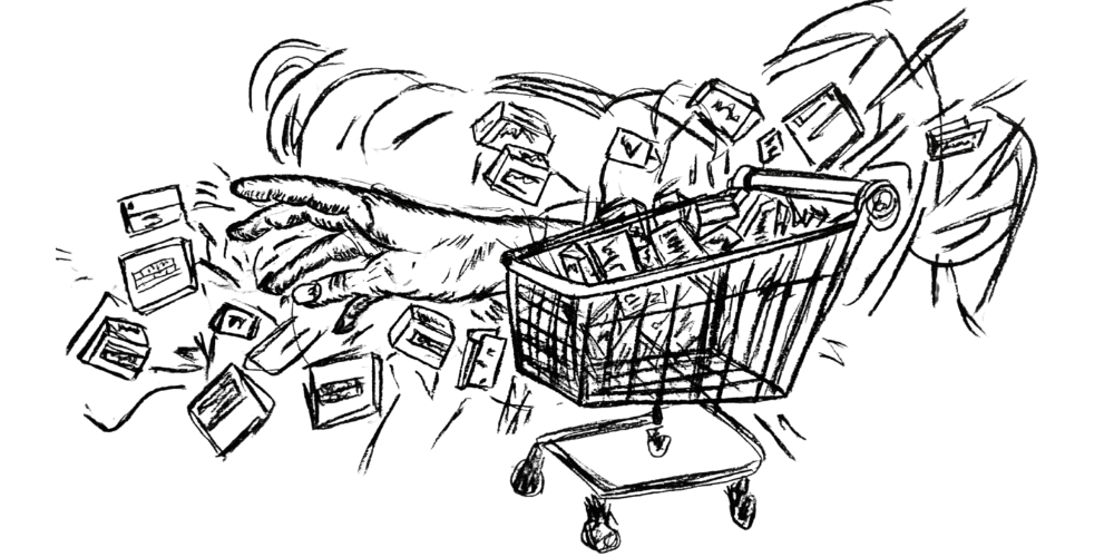 Shopping cart illustration full of items – Symbol of conscious lifestyle and self-growth products