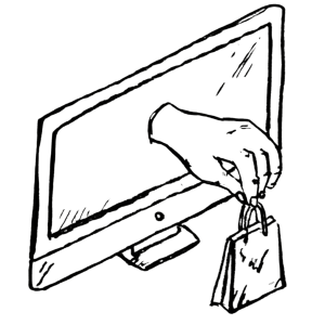 Hand reaching out of a computer screen holding a shopping bag - Mibosma
