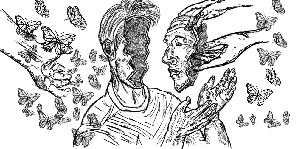 Hand-drawn illustration of a man holding his own face, symbolizing self-awareness and personal transformation.