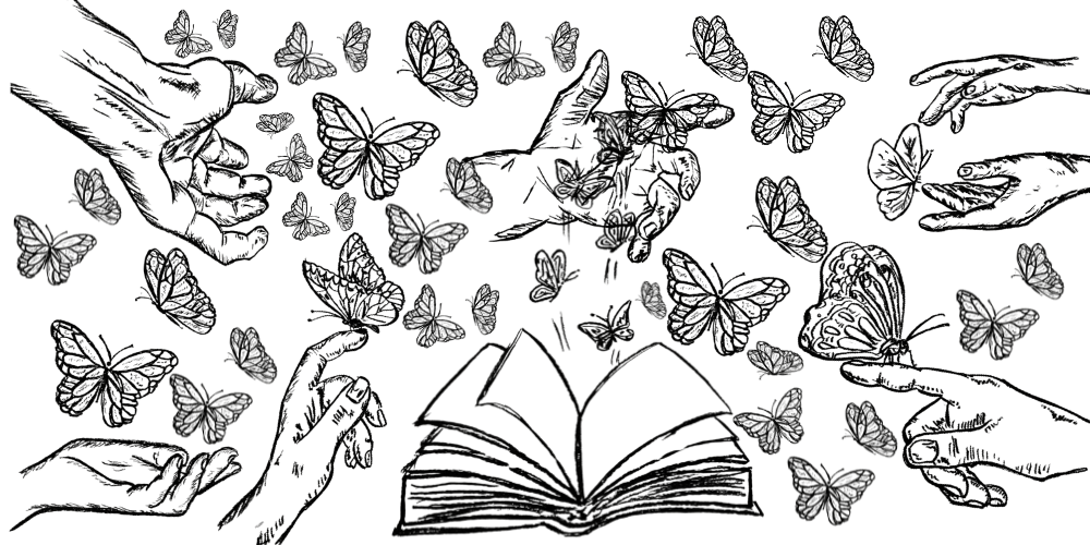 Hand-drawn illustration of butterflies flying out of an open book, symbolizing healing, energy renewal, and emotional freedom.
