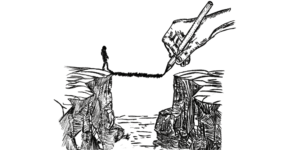 Person walking across a drawn bridge between cliffs symbolizing progress toward goals
