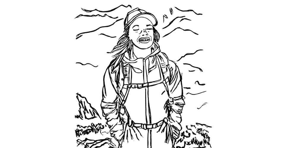 Woman in nature, smiling with a backpack