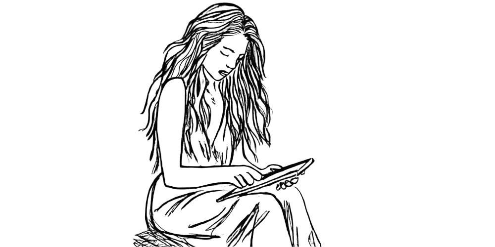 Seated woman writing slowly in a notebook