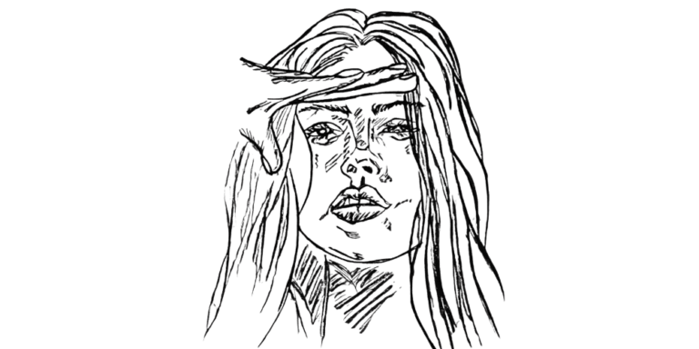 Hand-drawn sketch of a woman shielding her eyes, symbolizing emotional reflection and self-awareness through journaling
