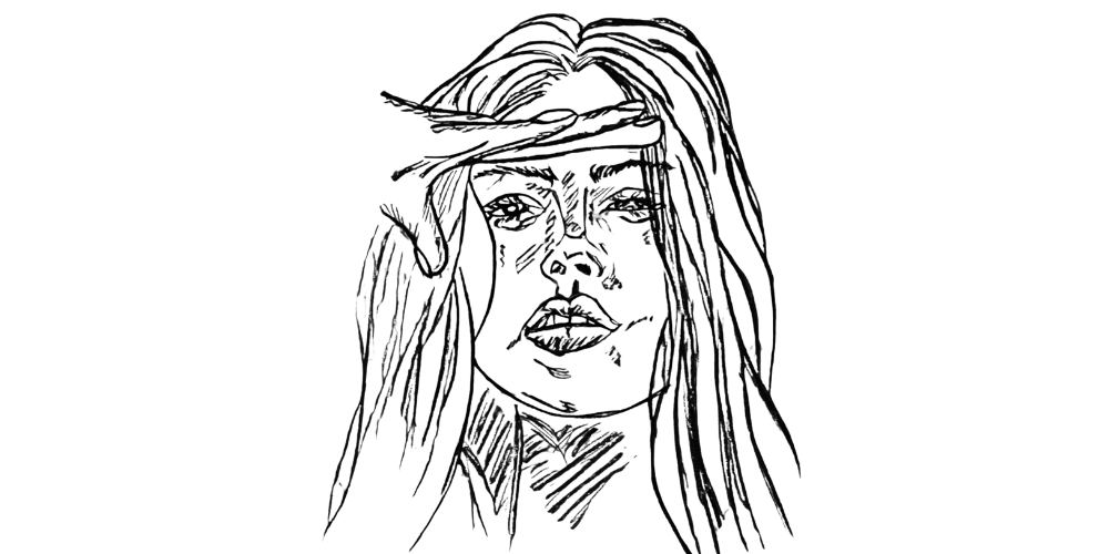 Hand-drawn sketch of a woman shielding her eyes, symbolizing emotional reflection and self-awareness through journaling