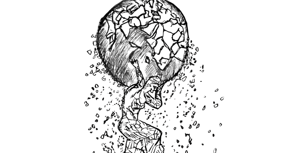 Sketch of a fragmented figure carrying a cracked world — symbolizing emotional burden and repeating patterns uncovered through journaling