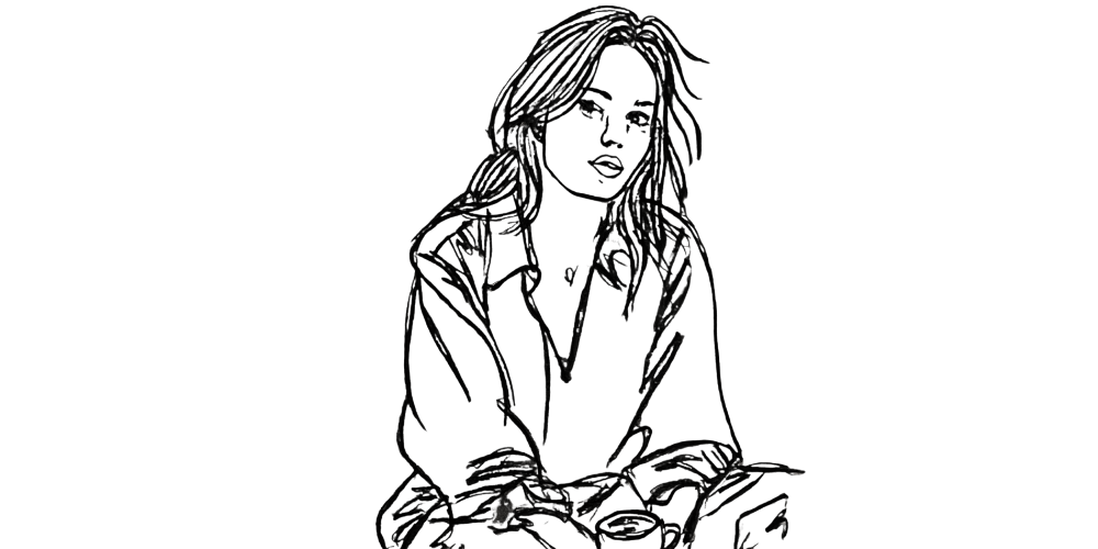 Sketch of a thoughtful woman journaling freely, representing raw and unfiltered self-expression through writing without judgment