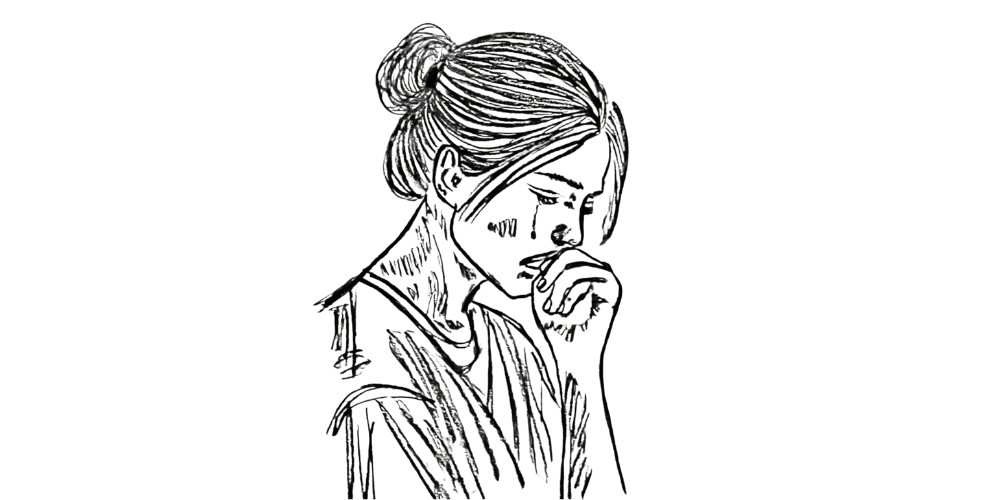 Sketch of a woman in emotional reflection, symbolizing the moment of recognizing harmful emotional patterns through journaling