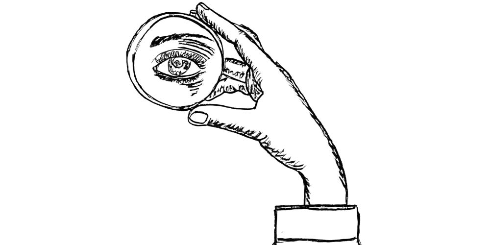Sketch of a hand holding a magnifying glass with an eye inside, symbolizing introspection and journaling as a new lens for self-awareness