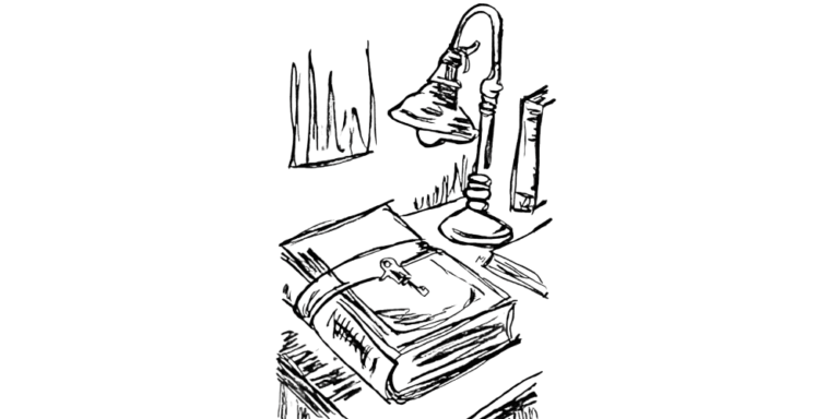 Hand-drawn sketch of a closed journal on a desk under a lamp — symbolizing words left unsaid and emotional truths not yet written.