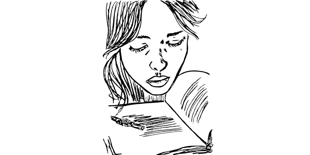 Person hesitating with pen above journal