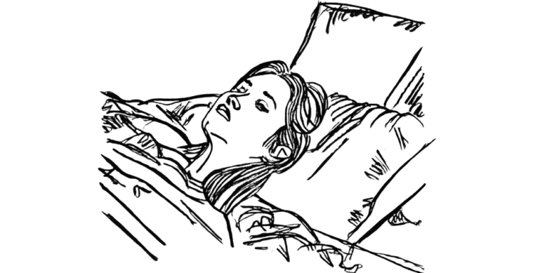 Black and white sketch of a woman lying in bed, eyes closed, looking emotionally and physically exhausted – representing burnout, not brokenness.