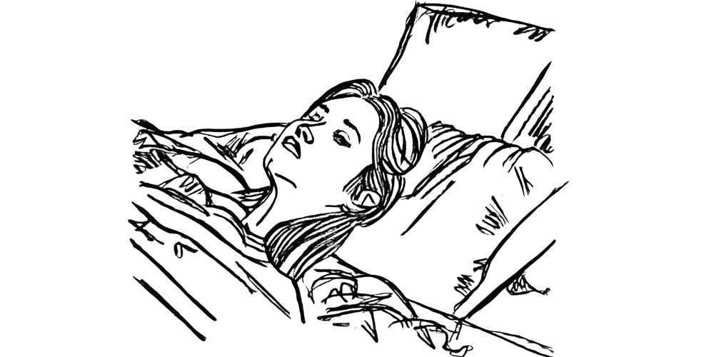 Black and white sketch of a woman lying in bed, eyes closed, looking emotionally and physically exhausted – representing burnout, not brokenness.