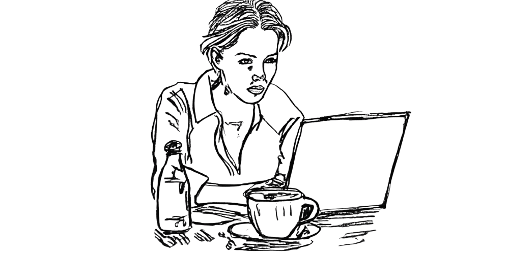 Sketch of a woman staring blankly at a laptop with a coffee cup beside her, looking disconnected and emotionally numb — a visual metaphor for silent burnout.