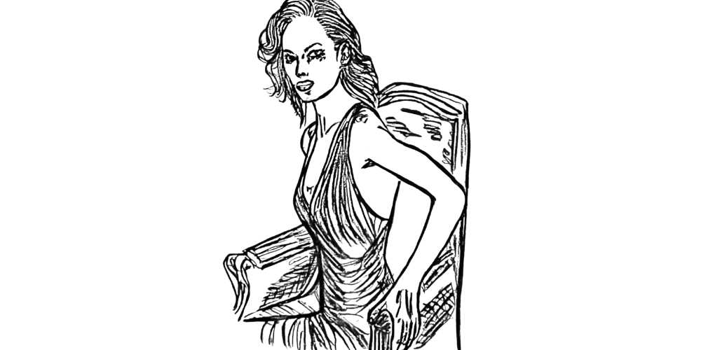 Sketch of a woman slowly standing up with support, wearing a dress and holding a chair, symbolizing the gentle process of healing from burnout.