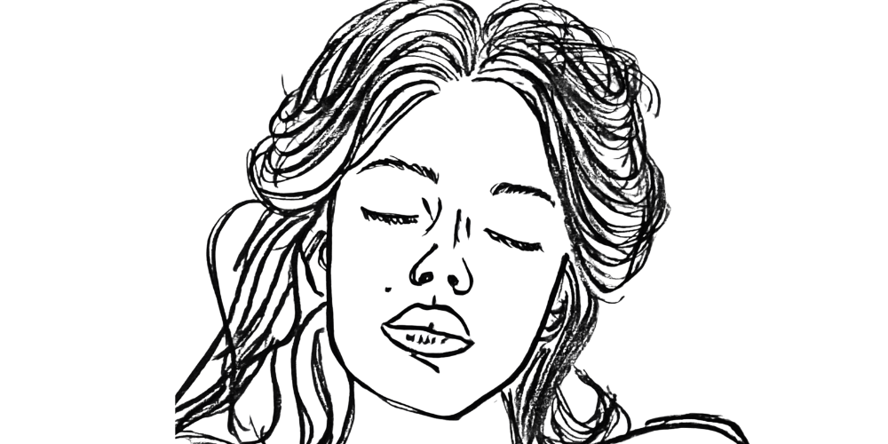 Sketch of a peaceful woman with eyes closed and a gentle expression, symbolizing calm and restoration after burnout.