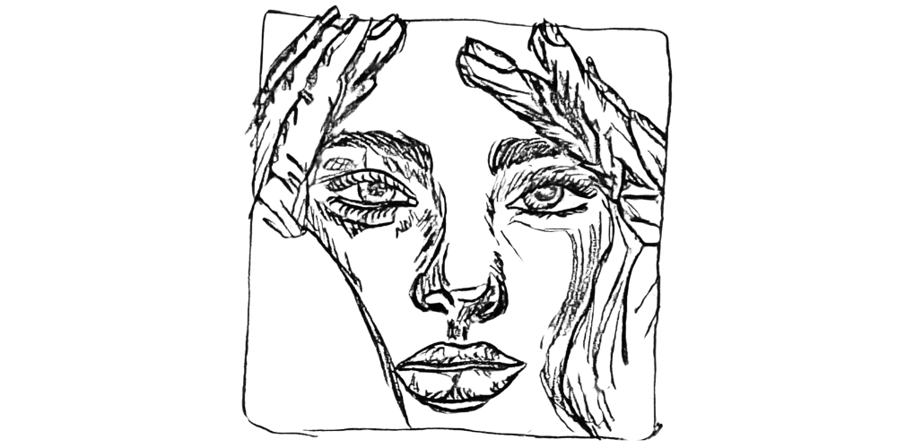 Sketch of a woman holding her head, symbolizing inner conflict between comfort and self-growth