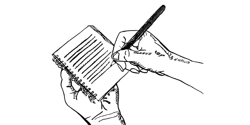 Line drawing of hands writing in a journal or planner, representing mindful decision-making and self-awareness