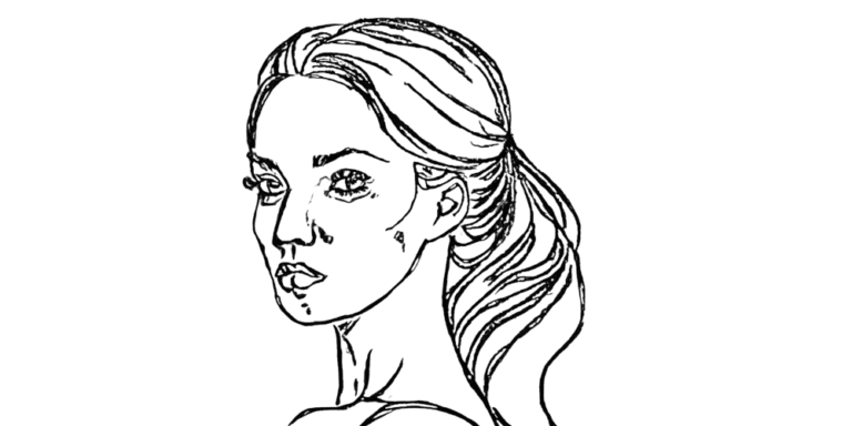 Line drawing of a reflective woman looking back, representing hidden softness and emotional depth