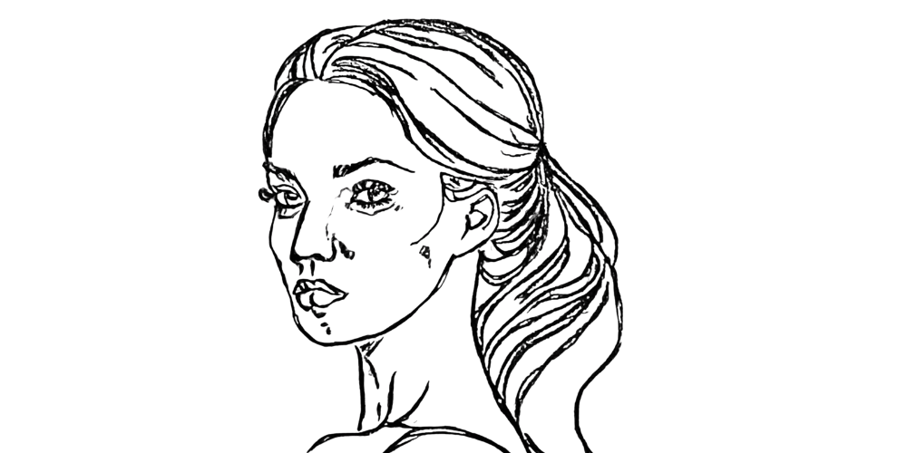 Line drawing of a reflective woman looking back, representing hidden softness and emotional depth.