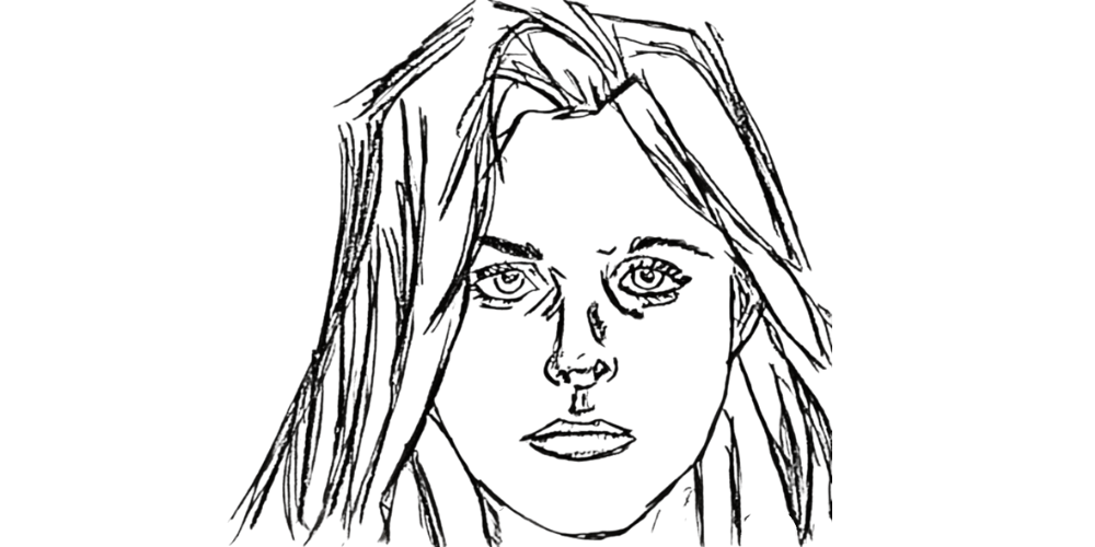 Sketch of a girl looking straight with a guarded expression, reflecting the early signs of emotional hiding and self-abandonment.