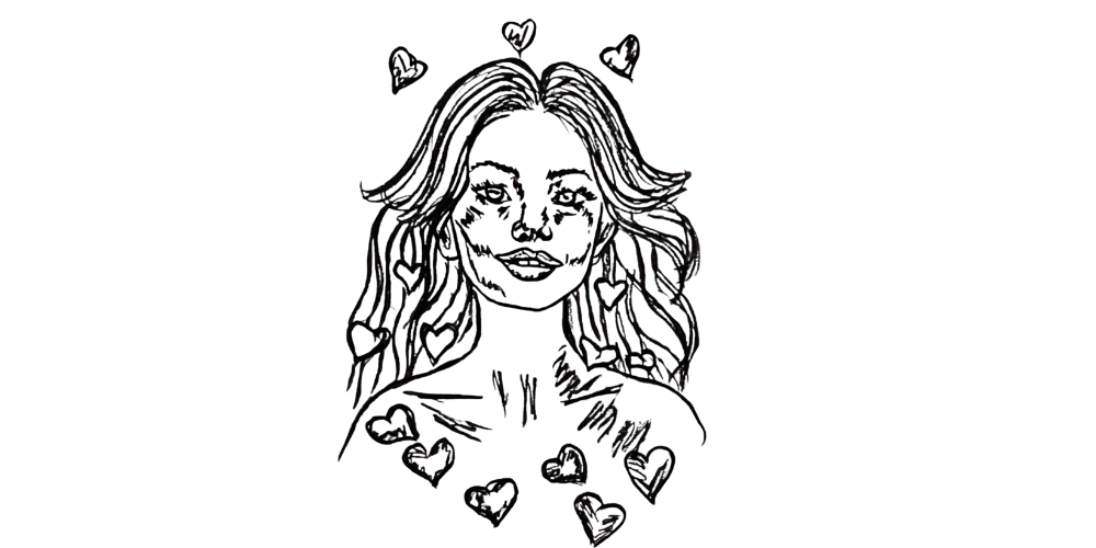 Sketch of a smiling woman surrounded by hearts, symbolizing self-love, wholeness, and emotional peace.