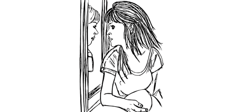 Sketch of a woman looking at her reflection in the mirror, representing gentle self-talk and inner reflection.