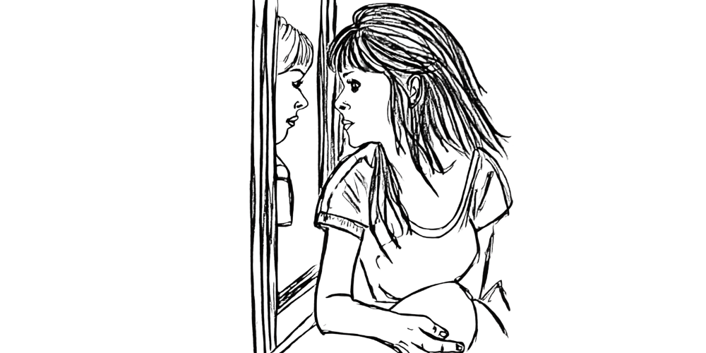 Sketch of a woman looking at her reflection in the mirror, representing gentle self-talk and inner reflection