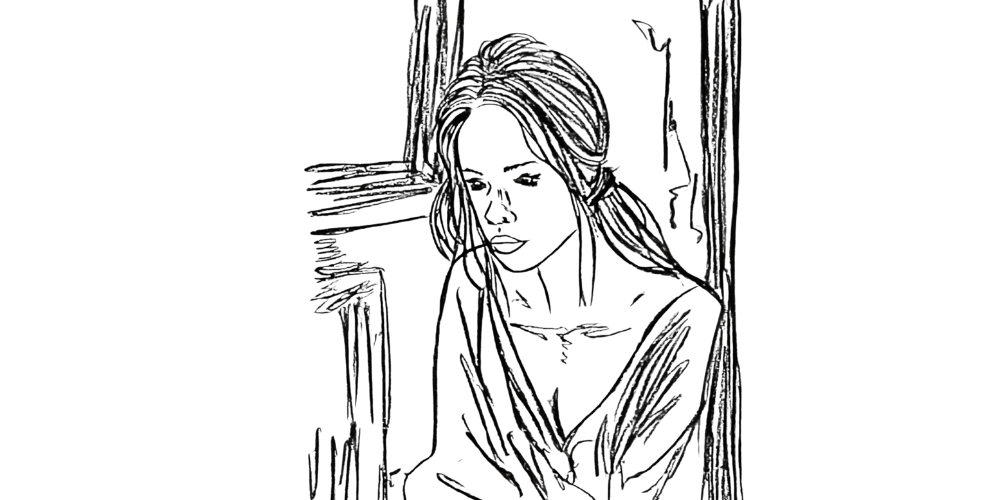 Sketch of a woman looking down in front of a mirror, symbolizing the impact of harsh inner dialogue and self-criticism