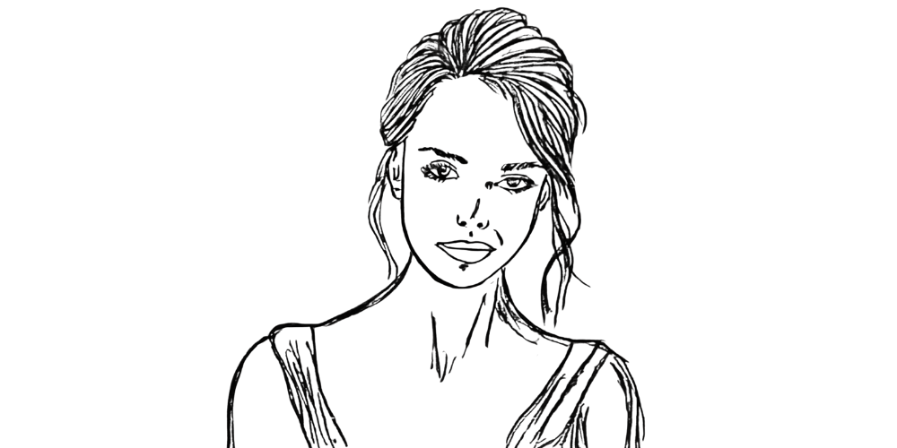 Sketch of a woman with a calm and gentle expression, representing a turning point in self-talk and inner compassion