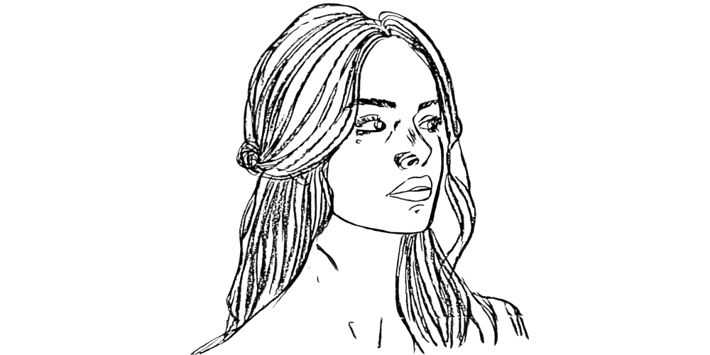 Sketch of a thoughtful woman looking to the side, symbolizing inner awareness and rewriting negative self-talk with compassion