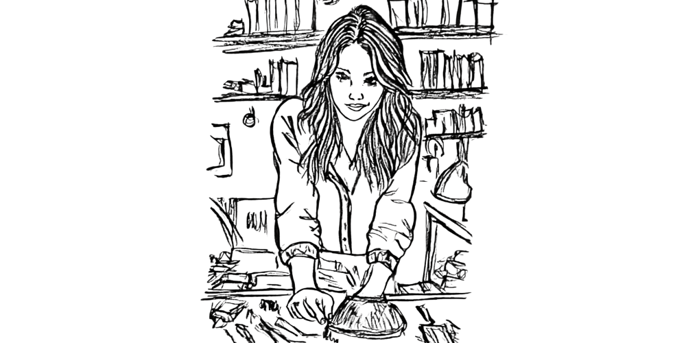 Sketch of a woman calmly leaning forward, symbolizing self-leadership through honesty and emotional strength