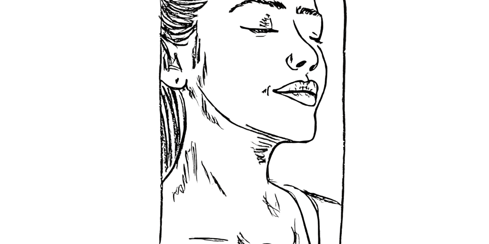 Sketch of a woman with closed eyes and a soft smile, symbolizing inner peace, self-respect, and gentle self-talk