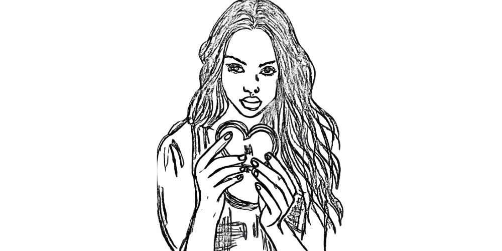 Sketch of a woman holding a heart-shaped mirror, symbolizing self-reflection and inner healing.