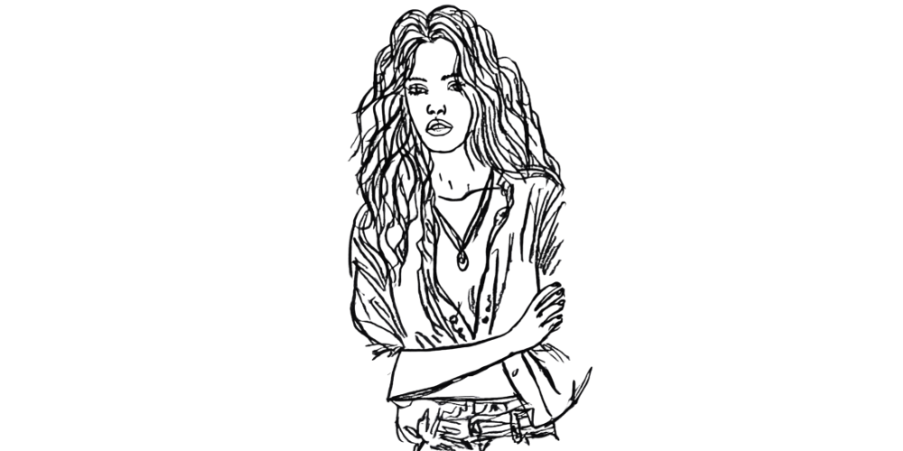 Sketch of a woman with arms crossed, expressing tension, judgment, and internal pressure.