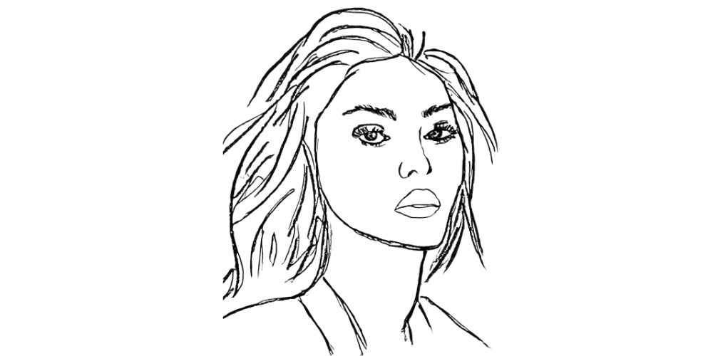 Sketch of a woman in movement, symbolizing emotional shift and new response.