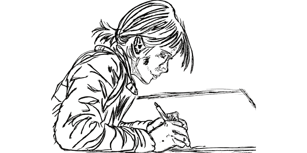 Sketch of a woman journaling at a desk, symbolizing grounding practices.