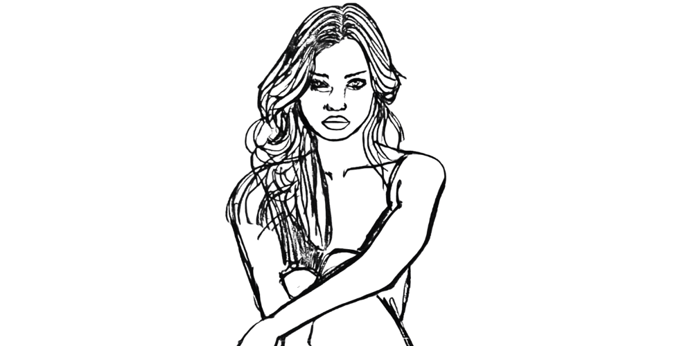 Sketch of a calm woman walking forward, symbolizing inner peace and quiet confidence.