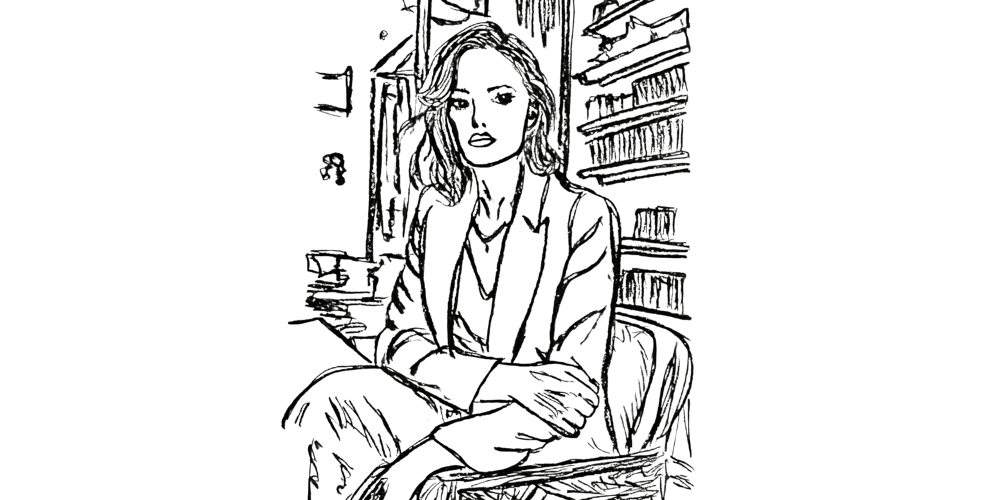 Woman reflecting with distance, calm, and perspective.