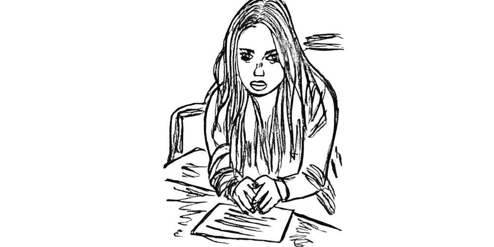 Young woman reflecting with hands joined at a table