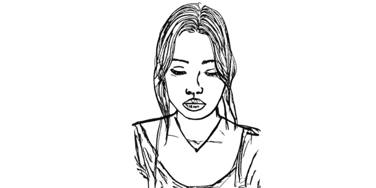 Black-and-white drawing of a woman looking downward in quiet reflection, illustrating the feeling of worrying that our needs may burden other people.