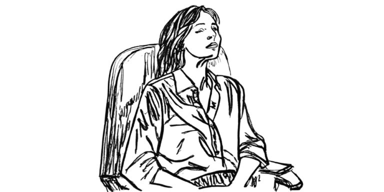 A sketch of a woman sitting alone in a chair, eyes closed, overwhelmed by silence — illustrating why we avoid being still.