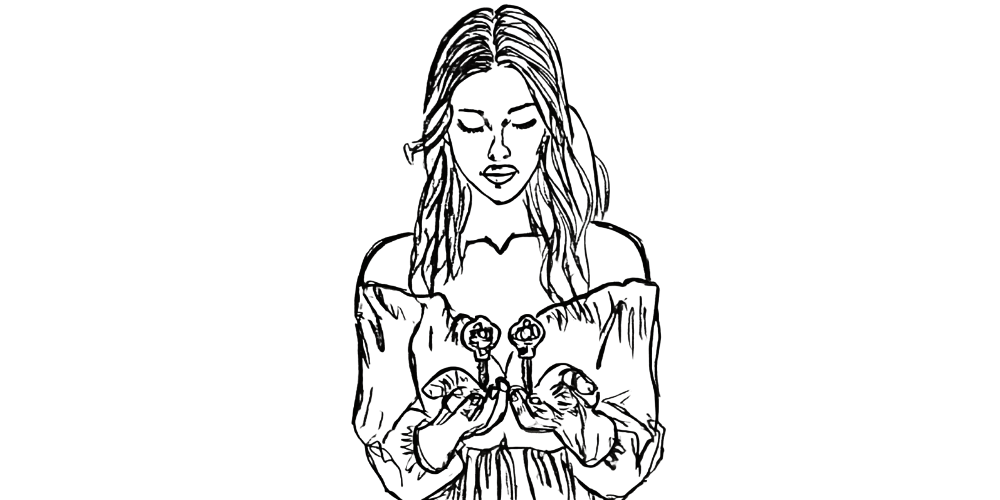 Woman holding two flowers in peace — showing real connection