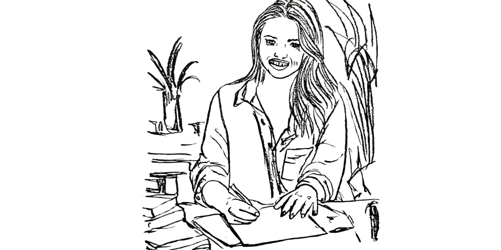 Smiling woman writing in a journal, surrounded by plants, feeling at home