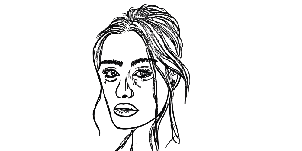 Line drawing of a woman with a tired but present expression