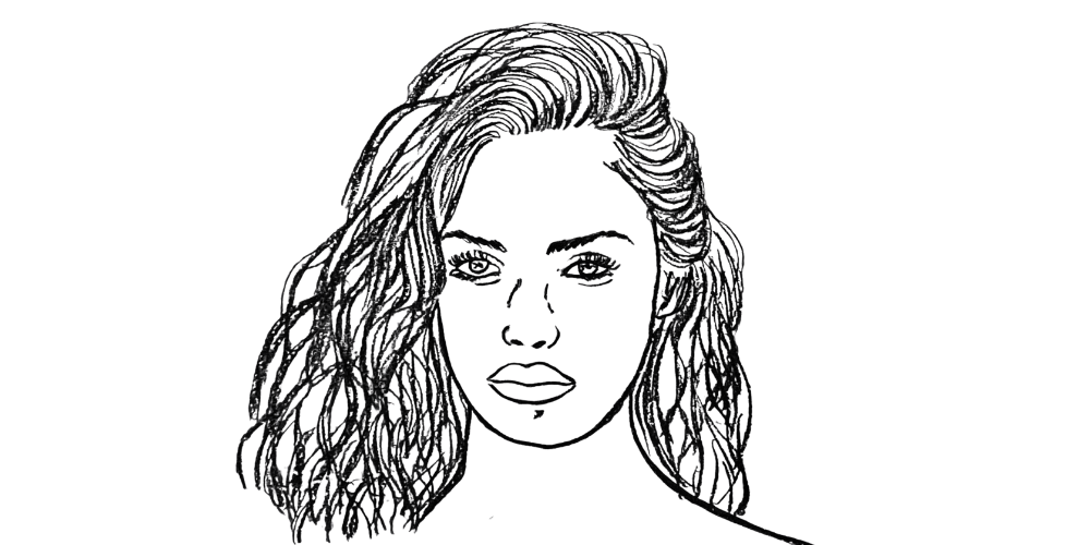 Line art of a woman with deep eyes and untamed hair